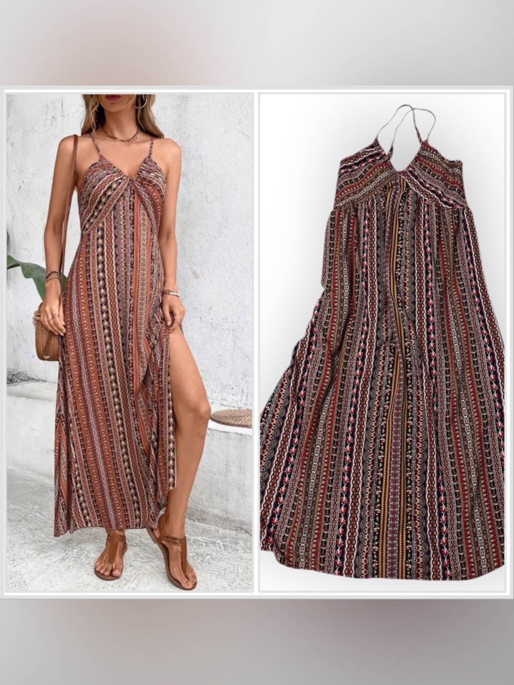 Bohemian Striped Spaghetti‑Strap Maxi Dress in Rust with Side Slit